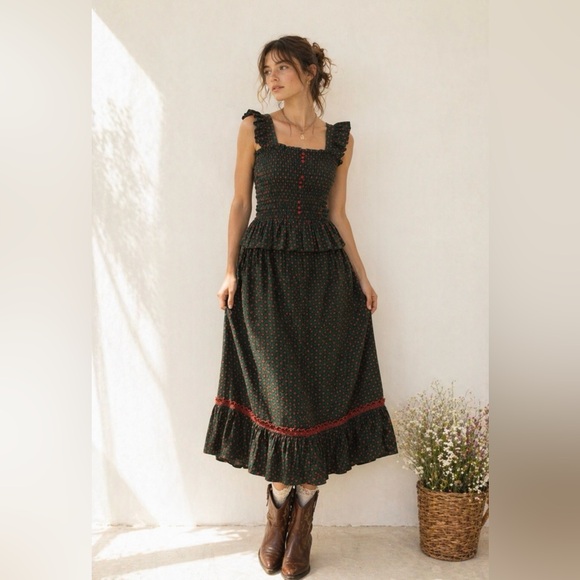 Handmade Dresses & Skirts - Handmade Green Smocked Top & Maxi Skirt Babydoll Boho Prairie Cottagecore Small